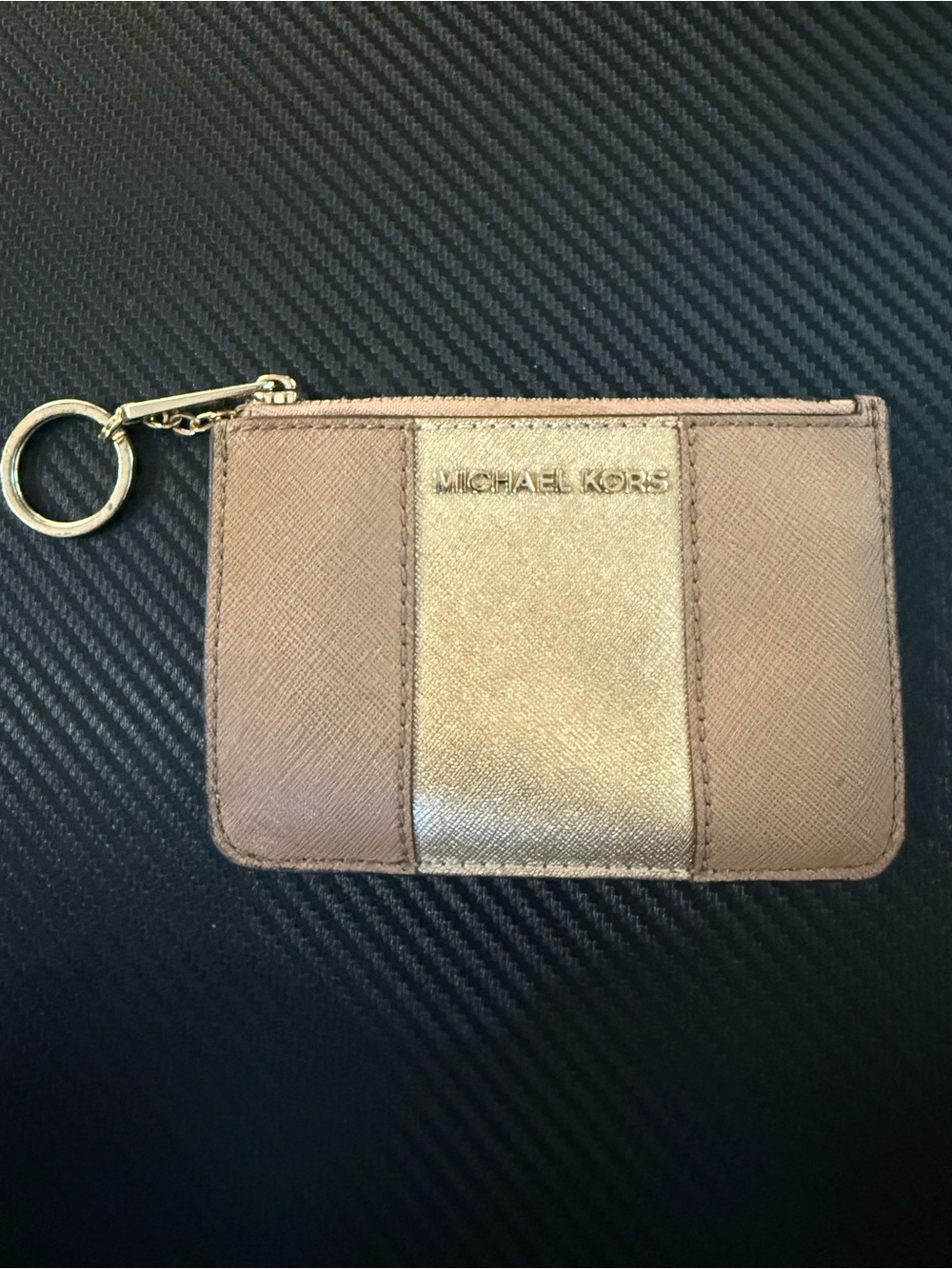 Michael Kors ID and Zippered Coin Pouch with Keyring- Tan and Gold